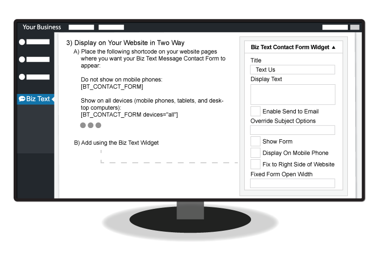 An illustration of the Text Message Contact Form Plugin for WordPress Display showing how to display on website